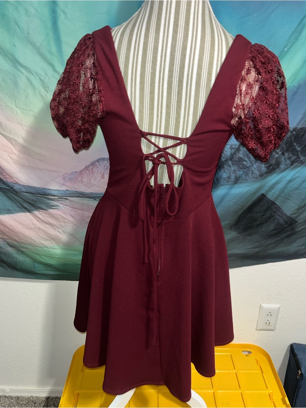 Burgundy Lace Puff Sleeve Fit-and-Flare Dress